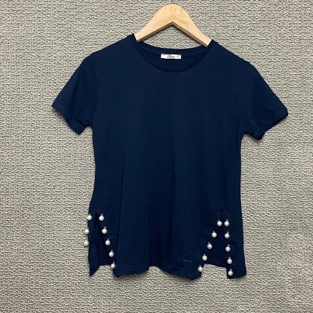 LTB Women's Navy Blue Short Sleeve Blouse Top with White Pearls Size XS